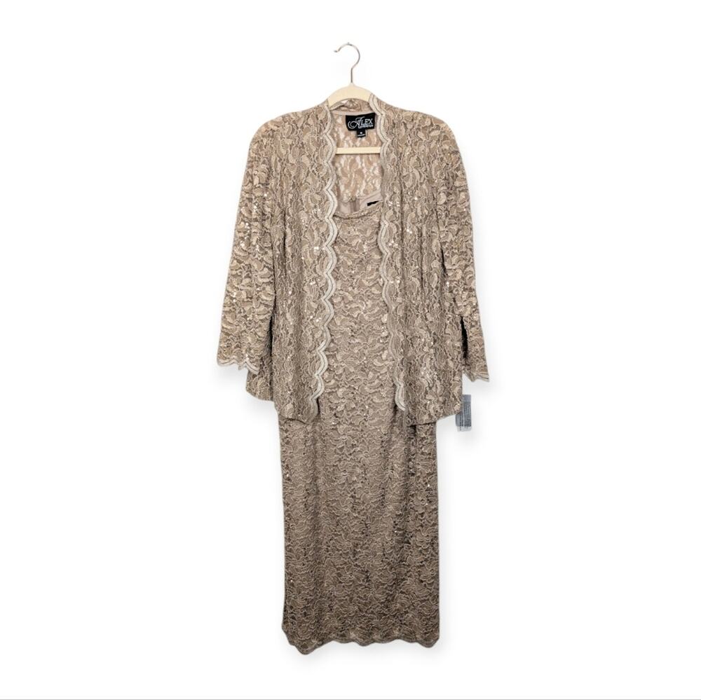 NWT Alex Evenings Beige Lace Sequin Dress & Jacket Set Mother of Bride Size 18